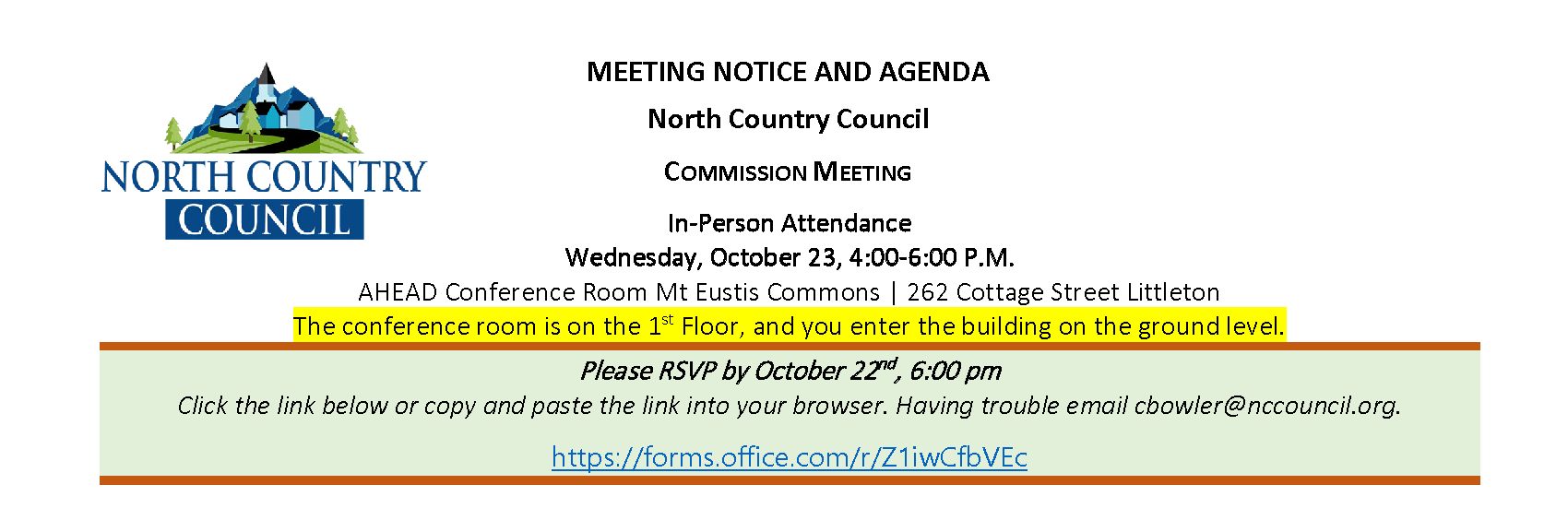 Meeting notice for October 23, 2024 Full Commission Meeting with In-person only attendance